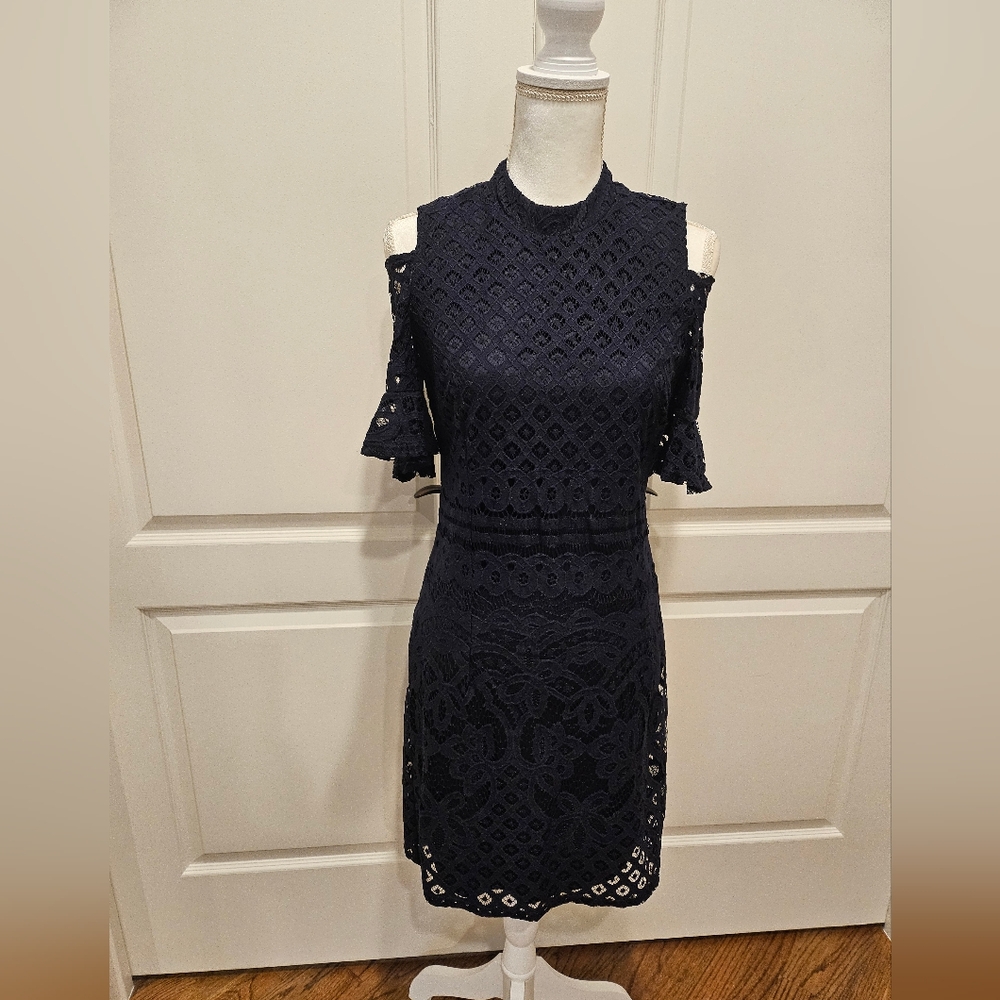 Sharagano Navy Blue Lace Off the Shoulder Dress